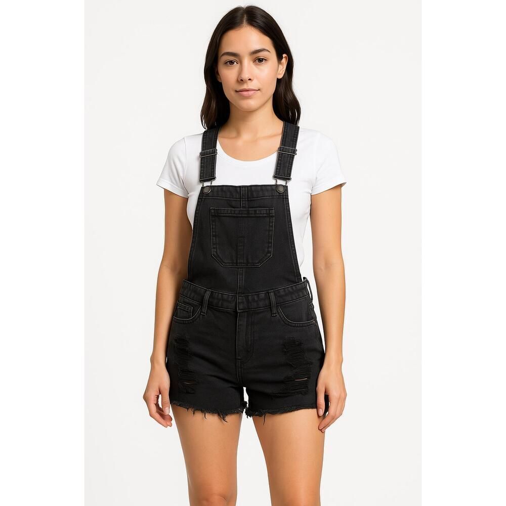 Signature Eight Black Distressed Edgy Denim P424 Overalls Womens Medium
